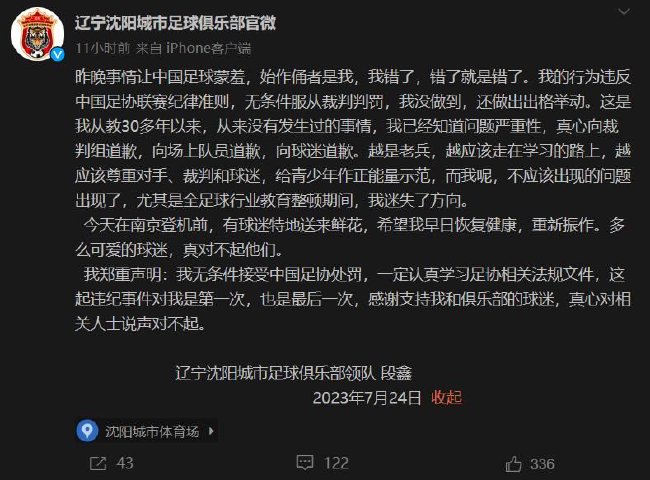 段鑫就掌掴主裁致歉:让中国足球蒙羞 无条件受罚