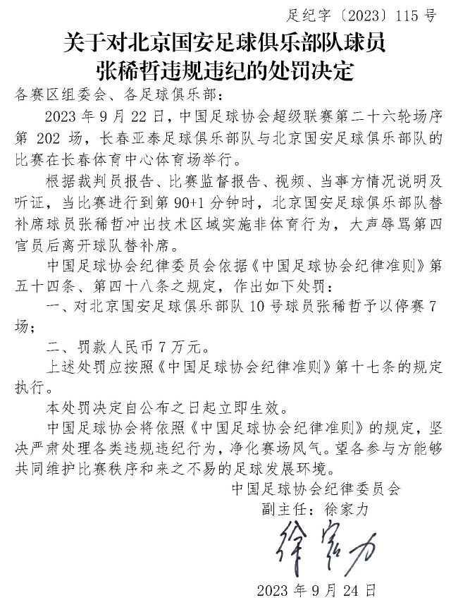 足协开重磅罚单 国安张稀哲被停赛7场+罚款7万
