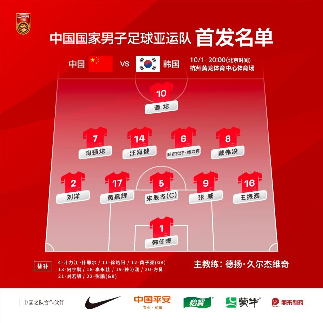亚运男足1/4决赛-中国vs韩国首发：谭龙朱辰杰先发