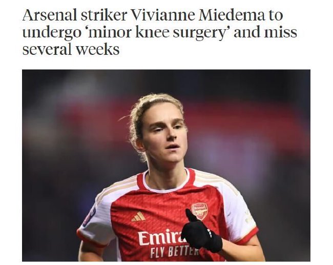 TA：阿森纳女足前锋米德玛将接受膝盖手术