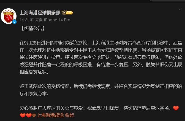 上海海港透露武磊伤情 10月世预赛出战成疑
