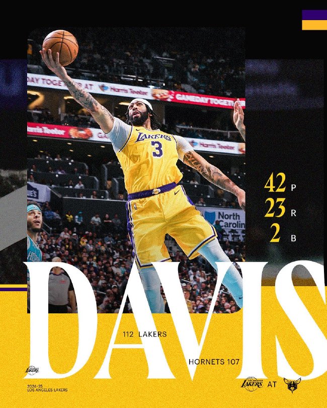 浓眉狂砍42+23统治内线 湖人险胜黄蜂豪取四连胜